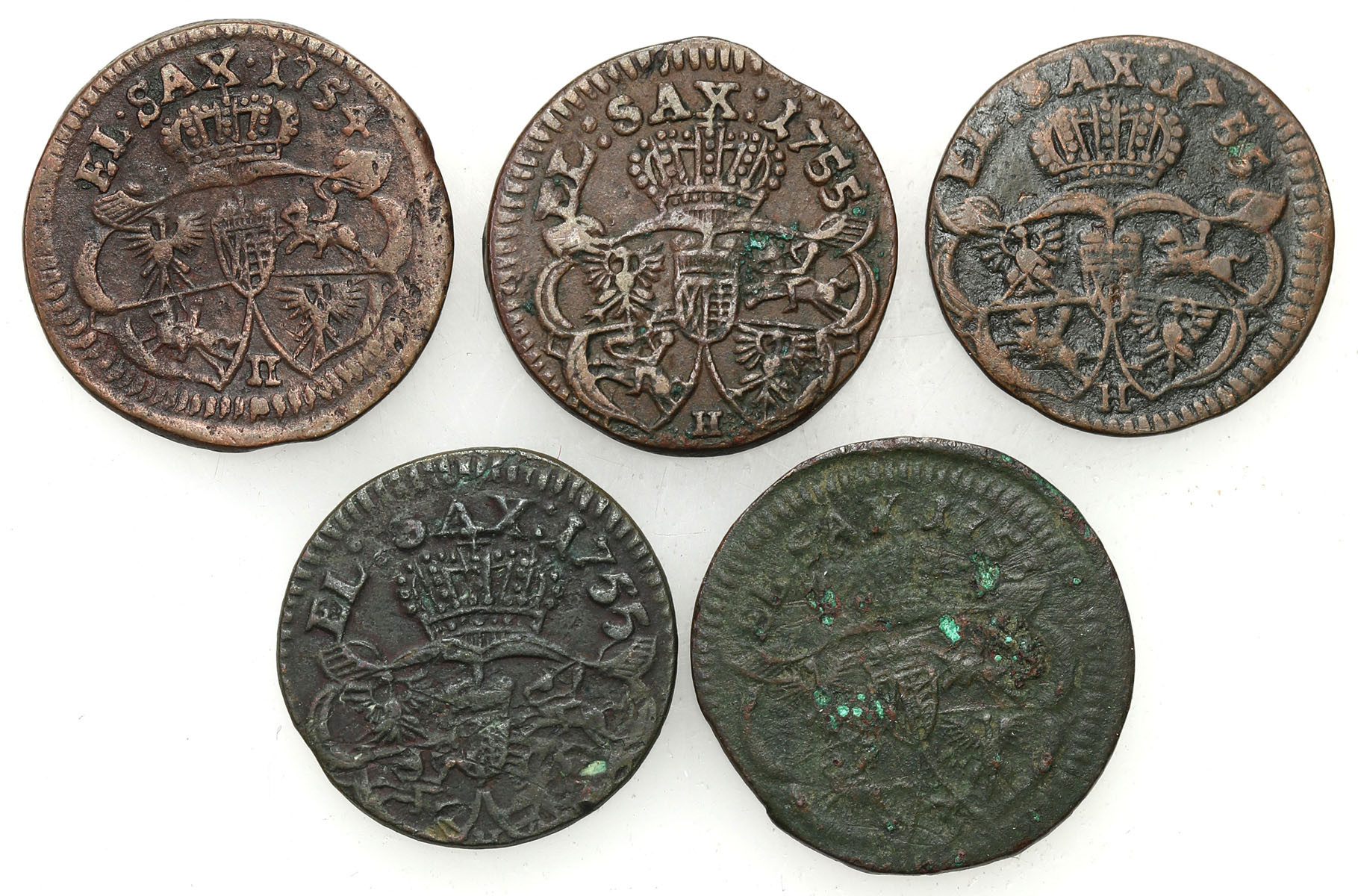 August III Sas. Grosz 1753-1755, zestaw 5 monet